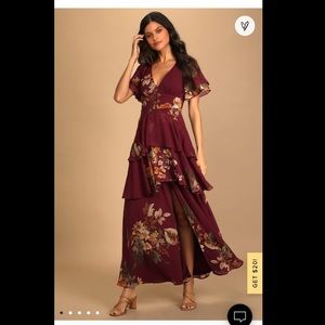 Lulu’s Midnight Mood Burgundy Floral Print Tiered Maxi Dress, Size Large
